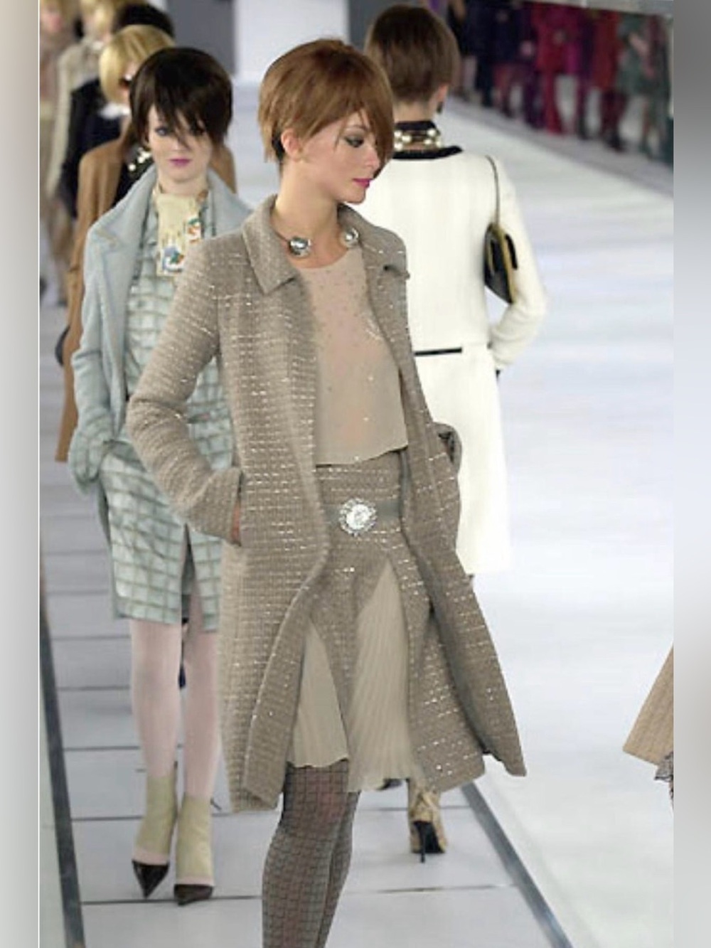 Vintage Y2K Chanel FW 2000 Runway tweed and sequin skirt with pleated silk layer